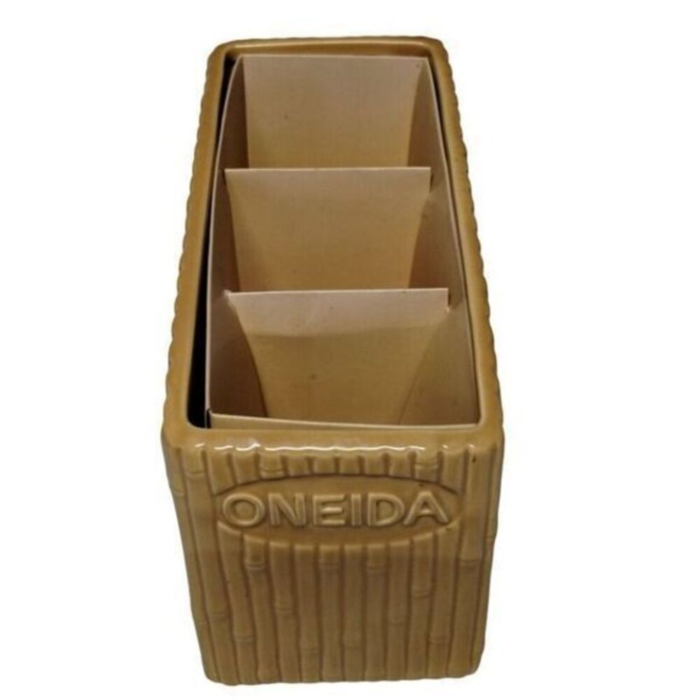 Oneida Ceramic Utensil‎ Holder Bamboo Design Kitchen Organizer Tan Brown